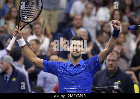 Le serbe Novak Djokovic célèbre après avoir remporté le troisième jour du tournoi de tennis américain Open Grand Chelem, à Flushing Meadow, à New York City, États-Unis, le mercredi 28 août 2019. BELGA PHOTO YORICK JANSENS Banque D'Images