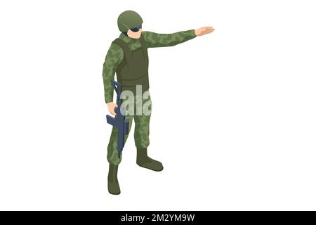 Police des soldats des Forces spéciales isométriques, membre de l'équipe de la sout. Soldat de l'armée en uniforme de combat de protection tenue d'opérations spéciales Force de combat assaut Illustration de Vecteur