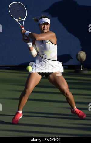 American Kristie Ahn photographié en action au cours de la quatrième journée du tournoi de tennis américain Open Grand Chelem, à Flushing Meadow, à New York City, Etats-Unis, le jeudi 29 août 2019. BELGA PHOTO YORICK JANSENS Banque D'Images