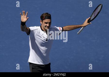 Le Suisse Roger Federer célèbre après avoir remporté le cinquième jour du tournoi de tennis américain Open Grand Chelem, à Flushing Meadow, à New York City, Etats-Unis, le vendredi 30 août 2019. BELGA PHOTO YORICK JANSENS Banque D'Images