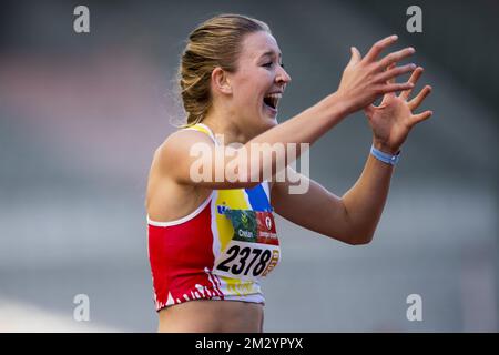 Paulien Couckuyt belge célèbre après la course féminine 400m haies aux championnats d'athlétisme belge, dimanche 01 septembre 2019 à Bruxelles. BELGA PHOTO JASPER JACOBS Banque D'Images