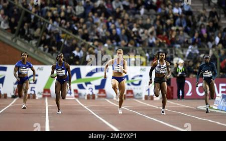 Shelly-Ann Fraser-Pryce en Jamaïque, Dina Asher-Smith en Grande-Bretagne, Dafne Schippers aux pays-Bas, Aleia Hobbs aux États-Unis et Crystal Emmanuel photographiés en action pendant la course féminine 100m l'édition 2019 de la rencontre AG Insurance Memorial Van Damme IAAF Diamond League, vendredi 06 septembre 2019 à Bruxelles. BELGA PHOTO JASPER JACOBS Banque D'Images