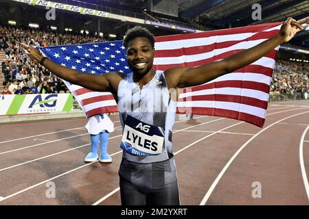 NOAH Lyles DES ÉTATS-UNIS célèbre après avoir remporté la course masculine 200m lors de l'édition 2019 de la rencontre AG Insurance Memorial Van Damme IAAF Diamond League Athletics, vendredi 06 septembre 2019 à Bruxelles. BELGA PHOTO DIRK WAEM Banque D'Images