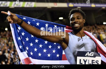 NOAH Lyles DES ÉTATS-UNIS célèbre après avoir remporté la course masculine 200m lors de l'édition 2019 de la rencontre AG Insurance Memorial Van Damme IAAF Diamond League Athletics, vendredi 06 septembre 2019 à Bruxelles. BELGA PHOTO DIRK WAEM Banque D'Images