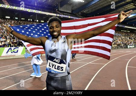 NOAH Lyles DES ÉTATS-UNIS célèbre après avoir remporté la course masculine 200m lors de l'édition 2019 de la rencontre AG Insurance Memorial Van Damme IAAF Diamond League Athletics, vendredi 06 septembre 2019 à Bruxelles. BELGA PHOTO DIRK WAEM Banque D'Images