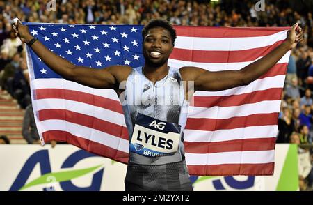 NOAH Lyles DES ÉTATS-UNIS célèbre après avoir remporté la course masculine 200m lors de l'édition 2019 de la rencontre AG Insurance Memorial Van Damme IAAF Diamond League Athletics, vendredi 06 septembre 2019 à Bruxelles. BELGA PHOTO DIRK WAEM Banque D'Images