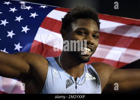 NOAH Lyles DES ÉTATS-UNIS célèbre après avoir remporté la course masculine 200m lors de l'édition 2019 de la rencontre AG Insurance Memorial Van Damme IAAF Diamond League Athletics, vendredi 06 septembre 2019 à Bruxelles. BELGA PHOTO JASPER JACOBS Banque D'Images