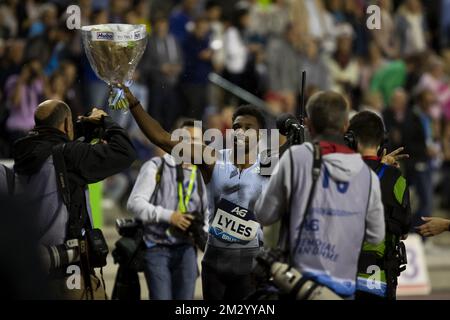 NOAH Lyles DES ÉTATS-UNIS célèbre après avoir remporté la course masculine 200m lors de l'édition 2019 de la rencontre AG Insurance Memorial Van Damme IAAF Diamond League Athletics, vendredi 06 septembre 2019 à Bruxelles. BELGA PHOTO KRISTOF VAN ACCOM Banque D'Images