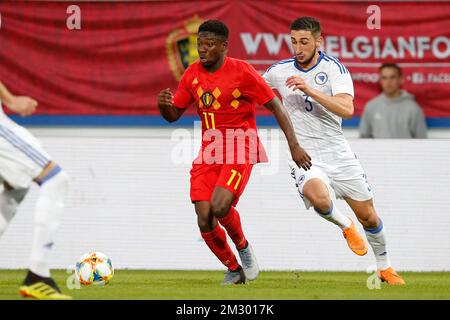 Francis Amuzu en Belgique et Nemanja Nikolic en Bosnie-Herzégovine se battent pour le ballon lors des Red Devils contre la Bosnie-Herzégovine en U21, un match de qualification pour les Championnats d'Europe 2021 U21, à Heverlee, le mardi 10 septembre 2019. BELGA PHOTO BRUNO FAHY Banque D'Images