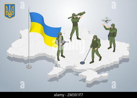 Soldat ukrainien isométrique sur le fond de la carte de l'Ukraine et du frag national. Police militaire des Forces spéciales, membre de l'équipe de la sout. Armée Illustration de Vecteur