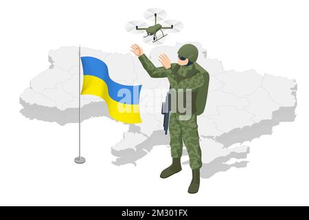 Soldat ukrainien isométrique sur le fond de la carte de l'Ukraine et du frag national. Police militaire des Forces spéciales, membre de l'équipe de la sout. Armée Illustration de Vecteur