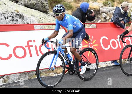 Colombian Nairo Quintana de Movistar Team photographié pendant la phase 20 de l'édition 2019 de la 'Vuelta a Espana', Tour d'Espagne course cycliste, d'Arenas de San Pedro à Plataforma de Gredos (190,4 km), samedi 14 septembre 2019. BELGA PHOTO YUZURU SUNADA - FRANCE SORTIE Banque D'Images