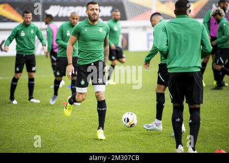 Mathieu Debuchy de Saint-Etienne photographié en action lors d'une session de formation de l'équipe française DE SAINT-Etienne, mercredi 18 septembre 2019 à Gand. Demain, Saint-Etienne rencontrera le club belge de football KAA Gent dans la phase de groupe de l'UEFA Europa League. BELGA PHOTO JASPER JACOBS Banque D'Images