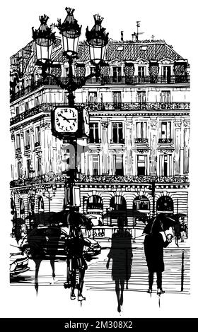 People with umbrellas in the streets on a rainy day in Paris, France - vector illustration (Ideal for printing, poster or wallpaper, house decoration) Illustration de Vecteur