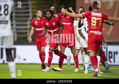 Le Dieumerci Mbokani Bezua d'Anvers célèbre après avoir marqué un match de football entre le FC Royal Anvers et le cercle Brugge KSV, le samedi 21 septembre 2019 à Anvers, le huitième jour de la saison de championnat belge de football de la « Jupiler Pro League » 2019-2020. BELGA PHOTO JASPER JACOBS Banque D'Images