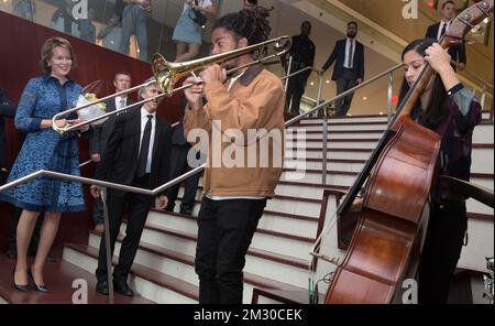 La reine Mathilde de Belgique en photo à l'école Juilliard à marge de la session de 74th de l'Assemblée générale des Nations Unies (AGNU 74), à New York, États-Unis d'Amérique, le lundi 23 septembre 2019. BELGA PHOTO BENOIT DOPPAGNE Banque D'Images