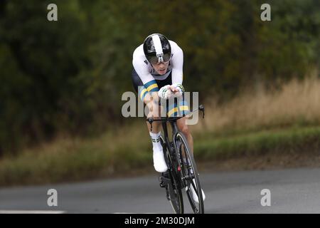 L'australien Rohan Dennis de Bahreïn-Merida photographié en action lors de la course d'essai masculin aux Championnats du monde de route UCI à Harrogate, dans le Yorkshire du Nord, au Royaume-Uni, le mercredi 25 septembre 2019. Les mondes ont lieu du 21 au 29 septembre. BELGA PHOTO YUZURU SUNADA Banque D'Images