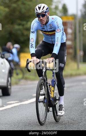 Le Belge Tim Declercq photographié en action lors d'une session d'entraînement et de reconnaissance de piste avant les championnats du monde de route de l'UCI à Harrogate, dans le North Yorkshire, au Royaume-Uni, le mercredi 25 septembre 2019. Les mondes ont lieu du 21 au 29 septembre. BELGA PHOTO YORICK JANSENS Banque D'Images