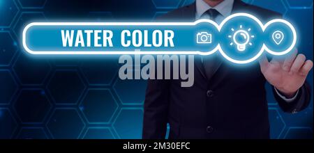 Affiche indiquant la couleur de l'eau. Mot pour liant soluble dans l'eau tel que la gomme arabique et dilué avec de l'eau Banque D'Images