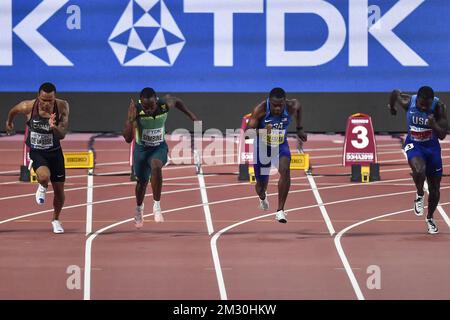 CHRISTIAN Coleman DES ÉTATS-UNIS photographié en action lors de la finale du sprint masculin 100m, le deuxième jour des Championnats du monde d'athlétisme de l'IAAF à Doha, Qatar, samedi 28 septembre 2019. Les mondes ont lieu du 27 septembre au 6 octobre. BELGA PHOTO DIRK WAEM Banque D'Images