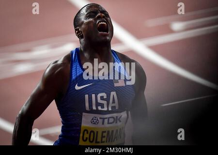 CHRISTIAN Coleman DES ÉTATS-UNIS photographié en action lors de la finale du sprint masculin 100m, le deuxième jour des Championnats du monde d'athlétisme de l'IAAF à Doha, Qatar, samedi 28 septembre 2019. Les mondes ont lieu du 27 septembre au 6 octobre. BELGA PHOTO DIRK WAEM Banque D'Images