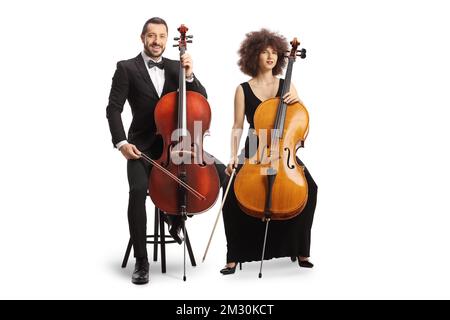 Male and female cellists from a music orchestra isolated on white background Stock Photo