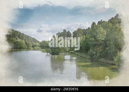 Peinture numérique aquarelle des bois et des rives des lacs de pêche de Cannock Chase, AONB, Staffordshire, Angleterre, Royaume-Uni. Banque D'Images