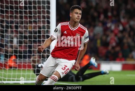 Gabriel Martinelli d'Arsenal célèbre après avoir marqué pendant le match entre l'équipe anglaise Arsenal FC et le club belge de football Standard de Liège, jeudi 03 octobre 2019 à Londres, Royaume-Uni, le deuxième jour de l'étape de groupe de l'UEFA Europa League, dans le groupe F. BELGA PHOTO VIRGINIE LEFOUR Banque D'Images