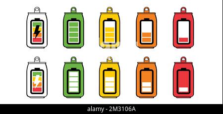 Dessin de boîtes de boissons énergisantes. boîte à boissons électriques. Boisson énergétique dans une boîte de tirage. Sport, concept d'équilibre de forme physique. Bouteille vide ou pleine. icône de batterie Banque D'Images