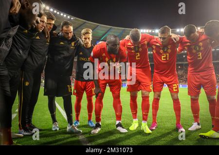 L-R, 19 Yari Verschaeren en Belgique, Romelu Lukaku en Belgique, Toby Alderweireld en Belgique, Timothy Castagne en Belgique et Thomas Vermaelen en Belgique, photographiés avant un match de football entre l'équipe nationale belge les Red Devils et Saint-Marin, jeudi 10 octobre 2019 à Bruxelles, Match 7/10 dans les qualifications pour le tournoi de l'UEFA Euro 2020. BELGA PHOTO VIRGINIE LEFOUR Banque D'Images