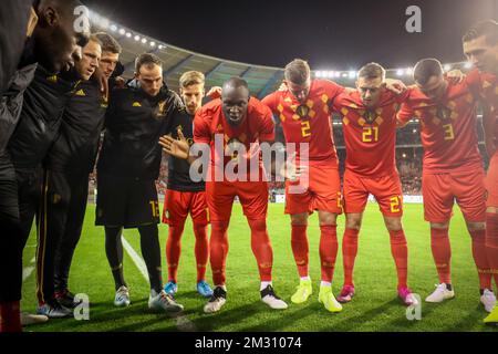 L-R, 19 en Belgique Yari Verschaeren, Romelu Lukaku en Belgique, Toby Alderweireld en Belgique, Timothy Castagne en Belgique, Thomas Vermaelen et Hans Vanaken en en Belgique, photographiés en vue d'un match de football entre l'équipe nationale belge les Red Devils et Saint-Marin, jeudi 10 octobre 2019 à Bruxelles, Match 7/10 dans les qualifications pour le tournoi de l'UEFA Euro 2020. BELGA PHOTO VIRGINIE LEFOUR Banque D'Images