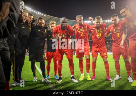 L-R, 19 en Belgique Yari Verschaeren, Romelu Lukaku en Belgique, Toby Alderweireld en Belgique, Timothy Castagne en Belgique, Thomas Vermaelen et Hans Vanaken en en Belgique, photographiés en vue d'un match de football entre l'équipe nationale belge les Red Devils et Saint-Marin, jeudi 10 octobre 2019 à Bruxelles, Match 7/10 dans les qualifications pour le tournoi de l'UEFA Euro 2020. BELGA PHOTO VIRGINIE LEFOUR Banque D'Images