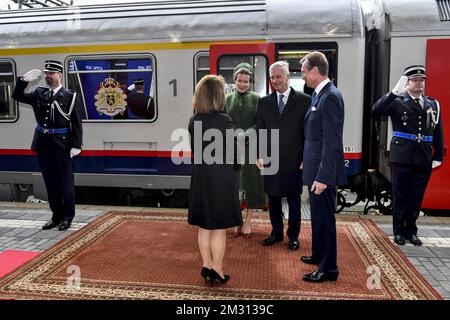 Grand duchesse Maria Teresa de Luxembourg, Reine Mathilde de Belgique, Roi Philippe - Filip de Belgique et Grand Duc Henri de Luxembourg photographiés à l'arrivée du couple Royal le premier jour d'une visite d'État de trois jours du couple royal belge à Luxembourg, Mardi 15 octobre 2019, à Luxembourg. BELGA PHOTO DIRK WAEM Banque D'Images