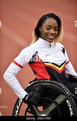 Lea Bayekula, athlète paralympique en fauteuil roulant, photographiée en action lors d'une visite de presse au camp d'entraînement des athlètes de l'équipe paralympique de Belgique, en prévision des Jeux paralympiques de Tokyo de 2020, le lundi 28 octobre 2019, à Paris. Les Jeux paralympiques de Tokyo de 2020 ont lieu du 25 août au 06 septembre 2020. BELGA PHOTO ERIC LALMAND Banque D'Images