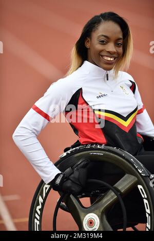 Lea Bayekula, athlète paralympique en fauteuil roulant, photographiée en action lors d'une visite de presse au camp d'entraînement des athlètes de l'équipe paralympique de Belgique, en prévision des Jeux paralympiques de Tokyo de 2020, le lundi 28 octobre 2019, à Paris. Les Jeux paralympiques de Tokyo de 2020 ont lieu du 25 août au 06 septembre 2020. BELGA PHOTO ERIC LALMAND Banque D'Images