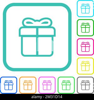 La boîte cadeau présente des icônes plates aux couleurs vives sur fond blanc, avec des bordures incurvées Illustration de Vecteur