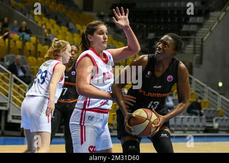 Flammes Carolo basket Fatimatou SACKO (13) et VOO Liège Panthers Jaleesa MAES (45) lutte pour le ballon lors d'un match de basket-ball entre VOO Liège Panthers et Flammes Carolo basket, le jour 4, groupe J de l'Eurocup Women, mercredi 6 novembre 2019, Liège, Country Hall du Sart Tilman. PHOTO BERNARD GILLET Banque D'Images