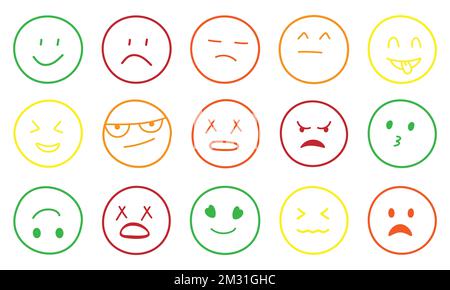 Ensemble d'icônes de visages émojis de couleur. Style art de ligne. Illustration vectorielle isolée sur fond blanc Illustration de Vecteur