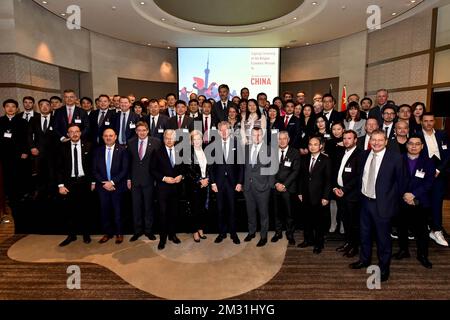 (Front L-C) région de Bruxelles Secrétaire d'Etat Pascal Smet, Vice-ministre wallon Président Willy Borsus, ministre flamand Président Jan Jambon, Vice-Premier ministre et ministre des Affaires étrangères et de la Défense Didier Reynders, Princesse Astrid de Belgique, Le ministre du Commerce extérieur Pieter de CREM et le ministre Philippe de Backer posent pour une photo de famille lors d'une cérémonie de signature, le troisième jour d'une mission commerciale économique belge en Chine, le mercredi 20 novembre 2019. Plusieurs ministres fédéraux et régionaux accompagnent la princesse dans une mission économique en Chine du 18 au 23 novembre. BELGA PHOTO DIRK WAE Banque D'Images