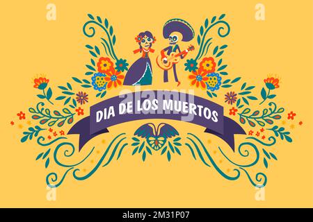 Célébration de Dia de los muertos, jour férié mexicain des morts. Affiche avec des musiciens portant des costumes de crânes. Bannière avec fleurs décoratives a Illustration de Vecteur