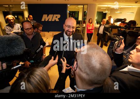 L'ancien Premier ministre belge et président sortant de M. Charles Michel s'entretient à la presse, au décompte des voix du deuxième tour de l'élection présidentielle française du parti libéral de M., au siège de la MR à Bruxelles, le vendredi 29 novembre 2019. BELGA PHOTO NICOLAS MATERLINCK Banque D'Images