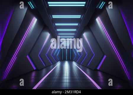 3D rendre Neon laser symétrique salle garage hangar brillant violet Blue Arrow poutres tunnel Corridor Banque D'Images