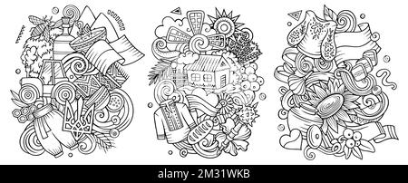 Ukraine cartoon vector doodle designs set. Sketchy detailed compositions with lot of ukrainian objects and symbols. Isolated on white illustrations Stock Vector