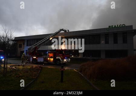 Pompiers photographiés lors d'un incendie important dans un bâtiment industriel de Louvain-la-Neuve, vendredi 10 janvier 2020. Un incendie a éclaté sur le site de production de Realco, une entreprise qui produit des produits de nettoyage. Plusieurs zones de tir ont été appelées sur les lieux. BELGA PHOTO ERIC LALMAND Banque D'Images