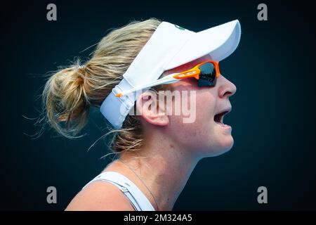 Belge Ysalin Bonaventure photographiée lors d'un match de qualification féminin entre Belge Ysalin Bonaventure (WTA 115) et French Diane Parry (WTA 337) au Grand Chelem de tennis « Australian Open », le mardi 14 janvier 2020 à Melbourne Park, Melbourne, Australie. BELGA PHOTO PATRICK HAMILTON Banque D'Images