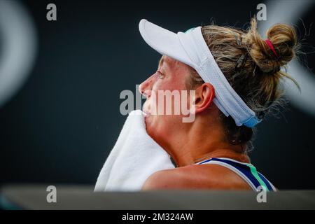 Belge Yanina Wickmayer photographié lors d'un match de qualification féminin entre Belge Yanina Wickmayer (WTA 115) et Australian Ellen Perez (WTA 248) au Grand Chelem de tennis « Australian Open », mardi 14 janvier 2020 à Melbourne Park, Melbourne, Australie. BELGA PHOTO PATRICK HAMILTON Banque D'Images