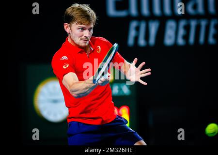 David Goffin belge photographié en action lors d'un match de tennis entre le Goffin belge (ATP 11) et la France de la Tchardy (ATP 56), lors du premier tour de la compétition de singles hommes du Grand Chelem de tennis « Australian Open », le mardi 21 janvier 2020 à Melbourne Park, Melbourne, Australie. BELGA PHOTO PATRICK HAMILTON Banque D'Images