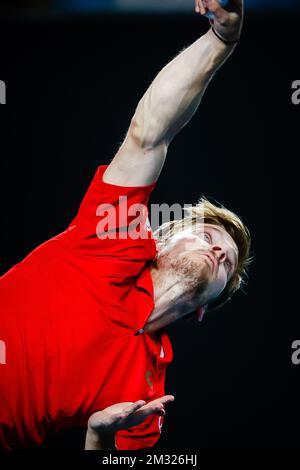 David Goffin belge photographié en action lors d'un match de tennis entre le Goffin belge (ATP 11) et la France de la Tchardy (ATP 56), lors du premier tour de la compétition de singles hommes du Grand Chelem de tennis « Australian Open », le mardi 21 janvier 2020 à Melbourne Park, Melbourne, Australie. BELGA PHOTO PATRICK HAMILTON Banque D'Images
