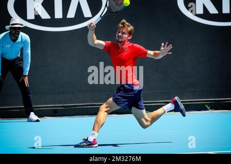 David Goffin belge (ATP 11) photographié en action lors d'un match de tennis contre le russe Andrey Rublev (ATP 16) lors du troisième tour de la compétition de singles hommes au Grand Chelem de tennis « Australian Open », samedi 25 janvier 2020 à Melbourne Park, Melbourne, Australie. Banque D'Images