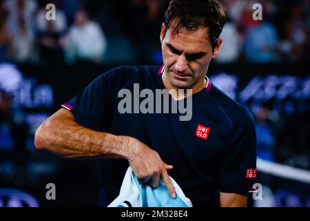 Suisses Roger Federer (ATP 3) photographié à la suite du match semi-fin des hommes contre le serbe Novak Djokovic (ATP 2) au Grand Chelem de tennis « Australian Open », jeudi 29 janvier 2020 à Melbourne Park, Melbourne, Australie.BELGA PHOTO PATRICK HAMILTON Banque D'Images